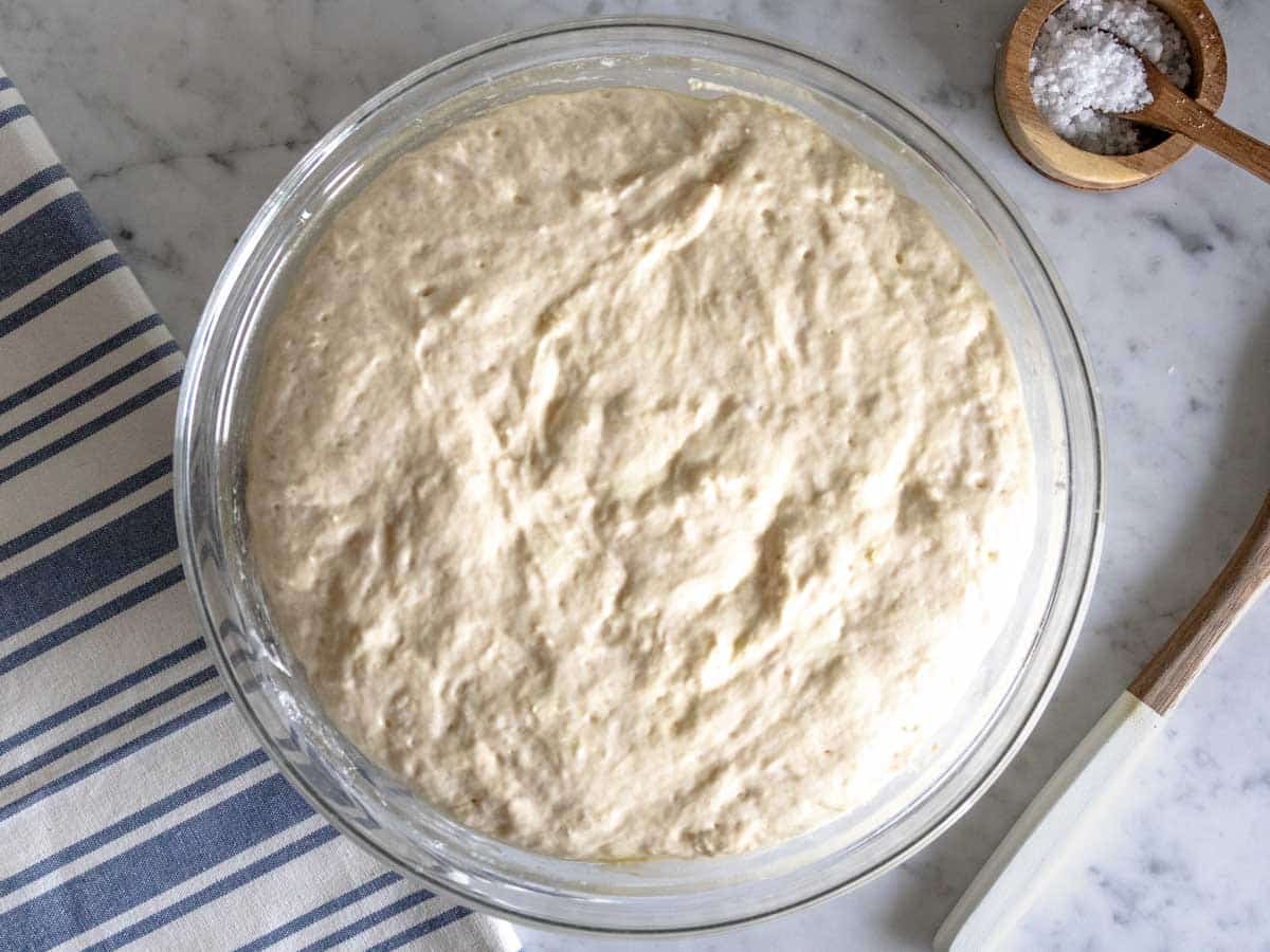 Homemade bread dough after one and a half hours of proofing.