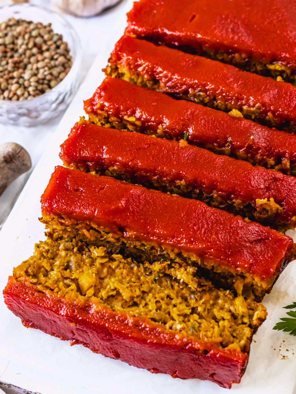 Lentil loaf with tomato glaze cut into slices