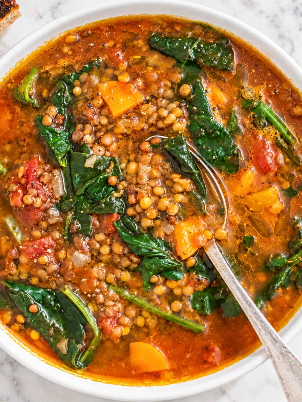 Lentil vegetable soup with tender lentils, carrots, tomatoes, spinach, and herbs.