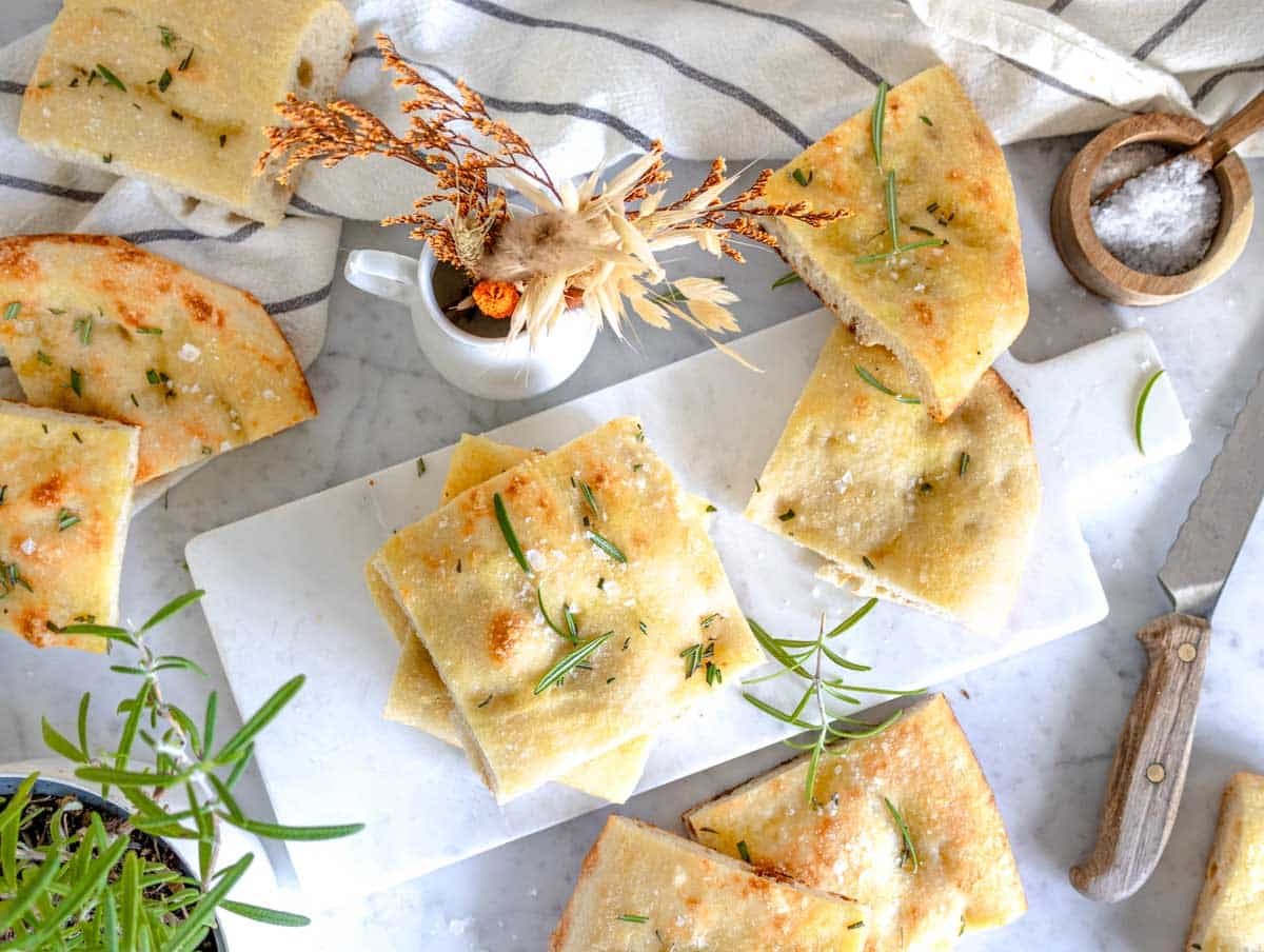 Schiacciata slices with salt and fresh rosemary