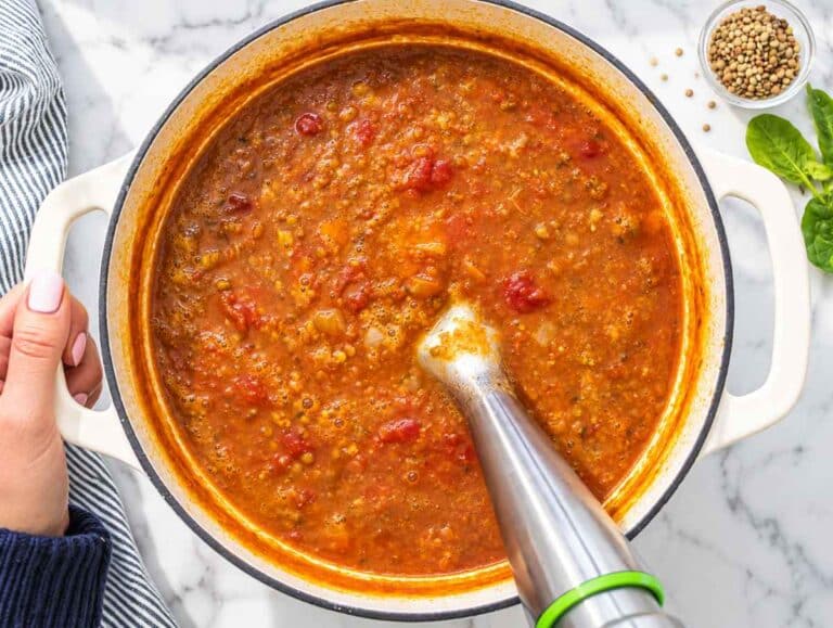 Step 3 Lentil vegetable soup partially blended for a creamy yet chunky texture.