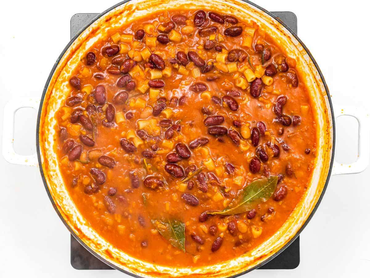 Step 3 Pasta cooking directly in the soup creating thick hearty pasta e fagioli texture.