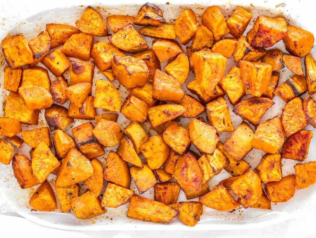roasted sweet potatoes on a serving platter