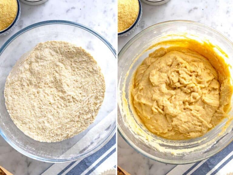 before and after mixing cornbread muffin batter