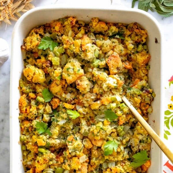 cornbread stuffing with a golden spoon