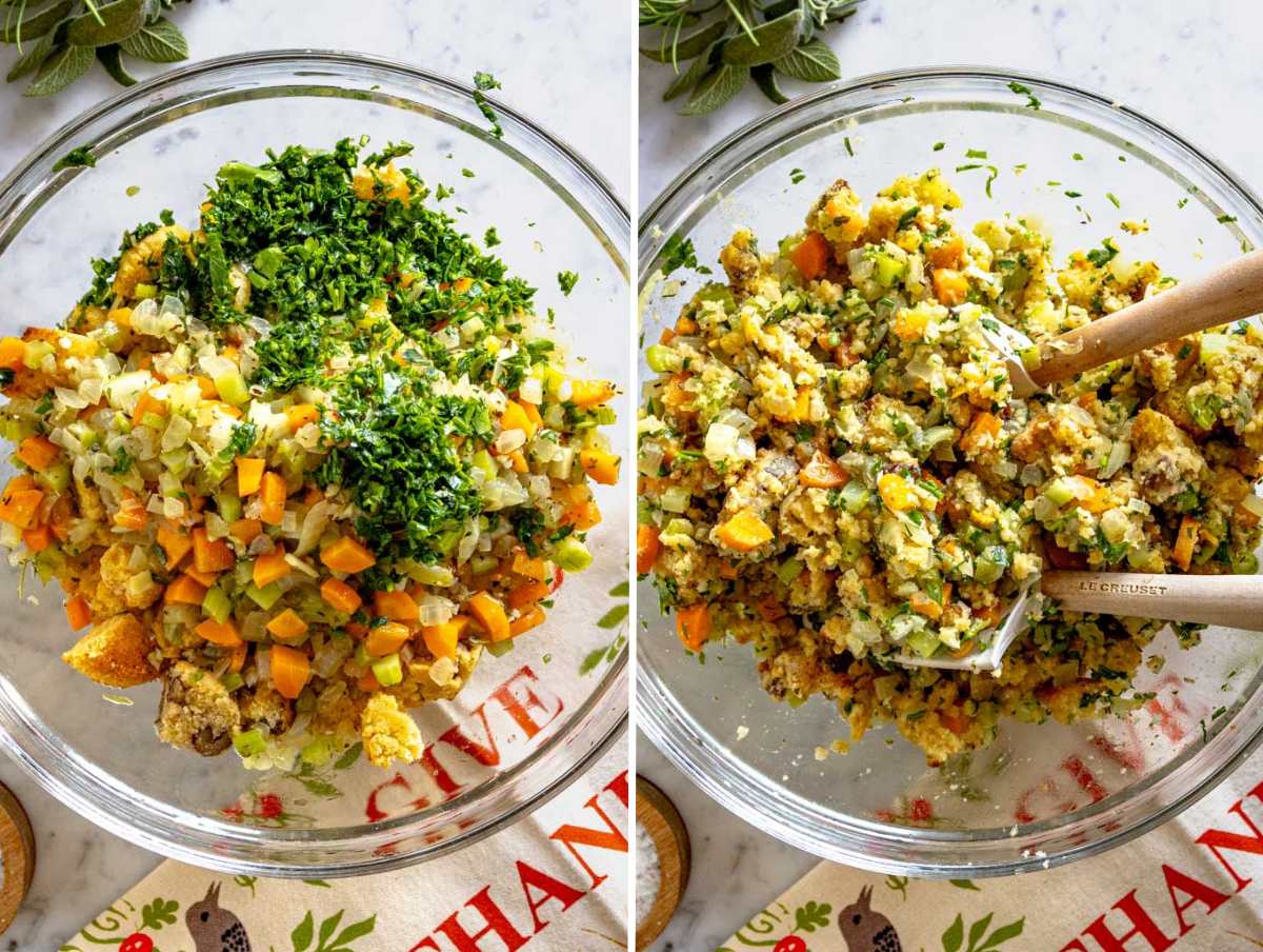 Mixing soffritto with cornbread cubes