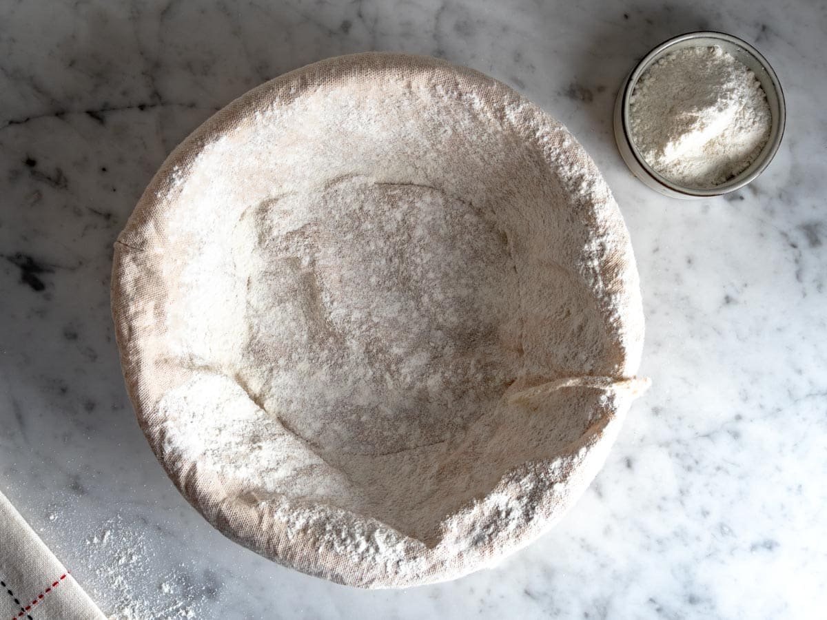 Proofing basket dusted with rice flour.