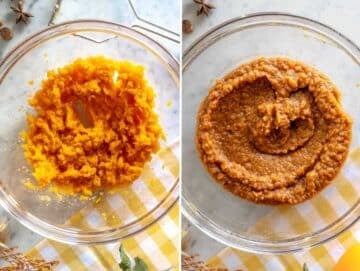 mashed sweet potatoes in a bowl with wet ingredients
