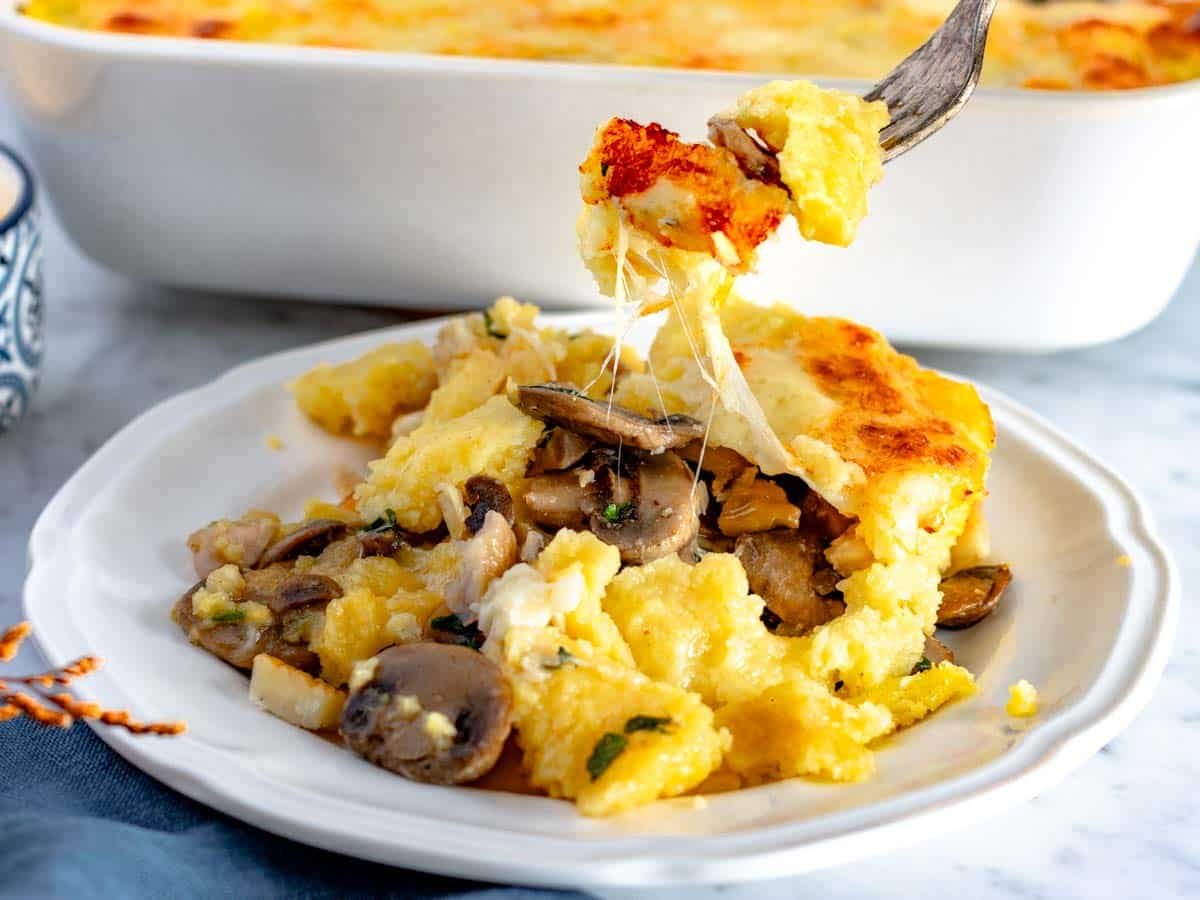 polenta lasagna portioned on a white plate with a fork