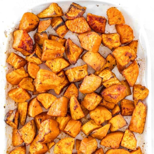 roasted sweet potatoes on a white platter