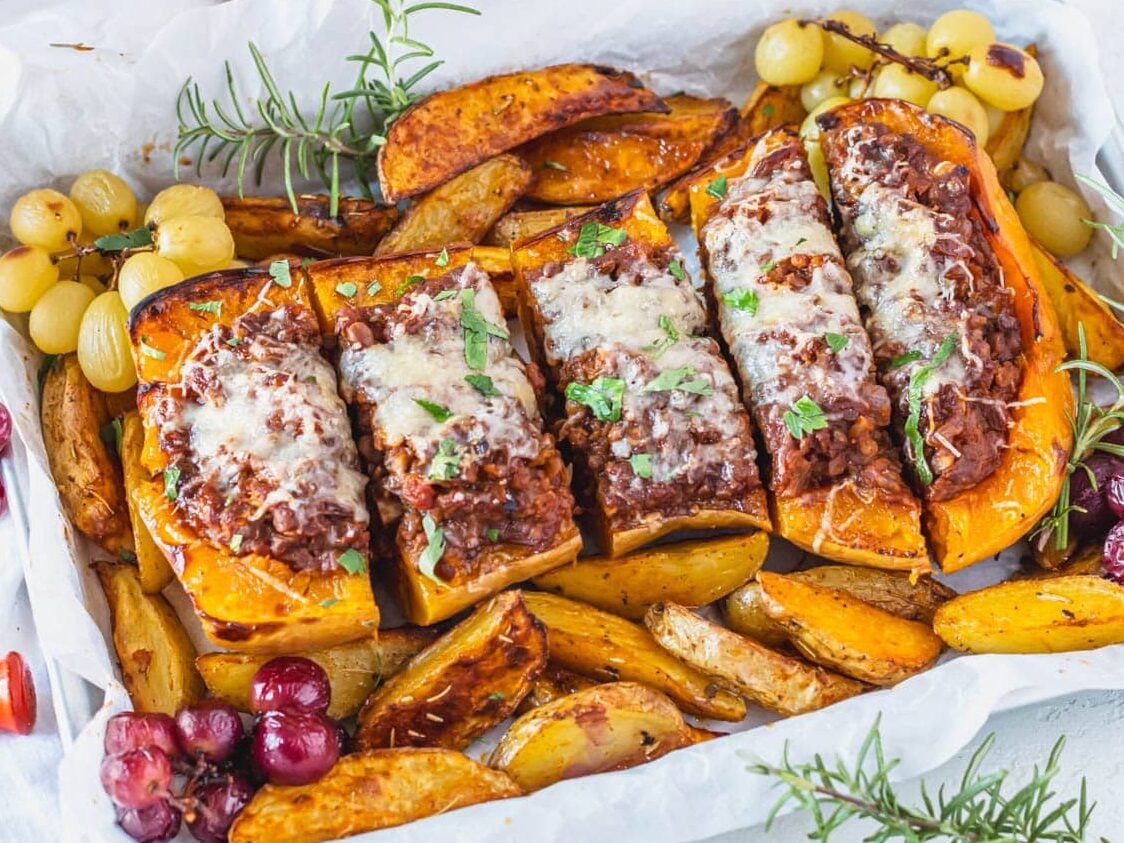 stuffed butternut squash cut into portions