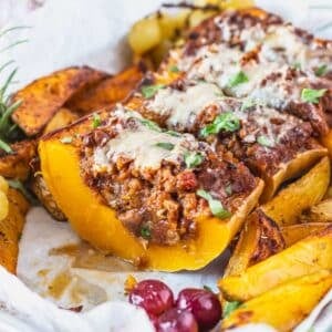 stuffed butternut squash with roasted potatoes