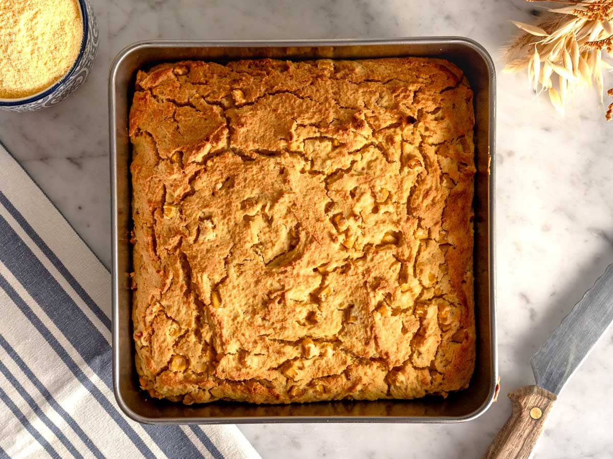 just baked cornbread in a baking pan