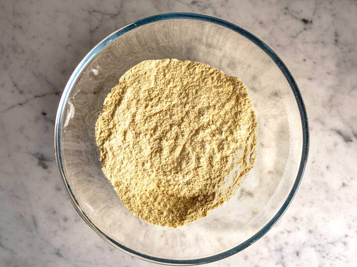 cornmeal and all-purpose flour in a bowl