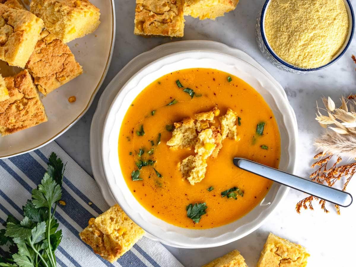 vegan cornbread with butternut squash soup