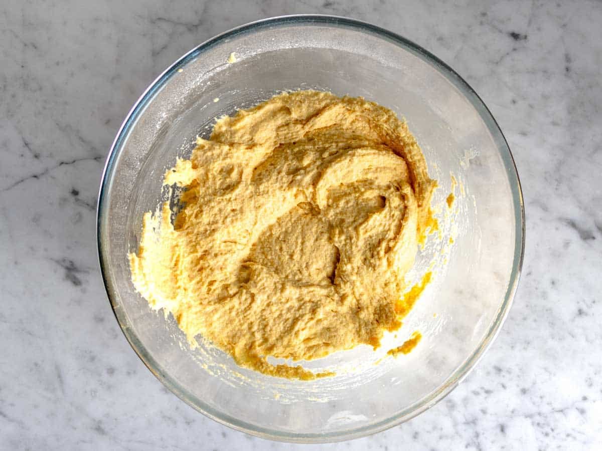 cornbread batter in a mixing bowl