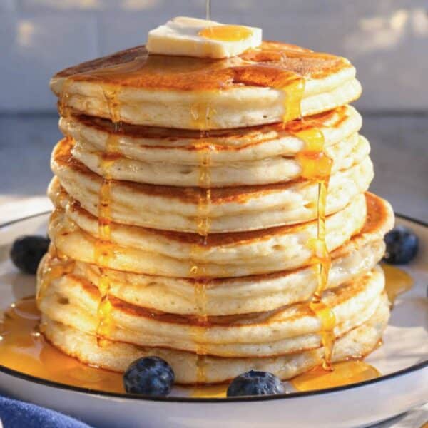 Egg-free pancakes stacked and ready for easy healthy breakfast at home.