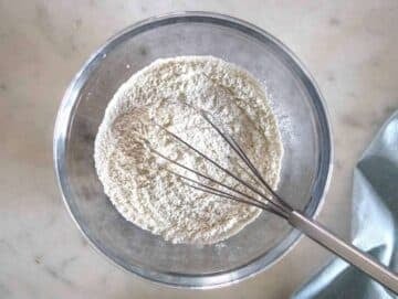Step 1 Mixing dry ingredients in bowl to make egg-free pancake batter.