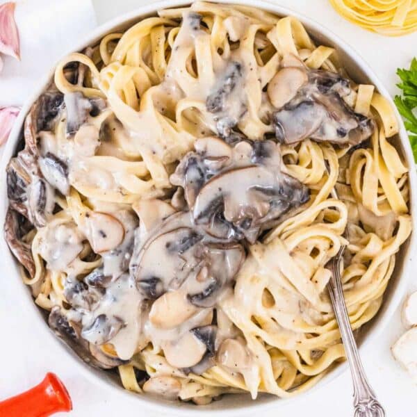 Mushroom Alfredo Sauce with fettuccine and a silver fork.