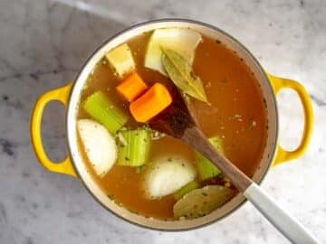 Vegetable broth with celery, carrot, onion and a small potato.