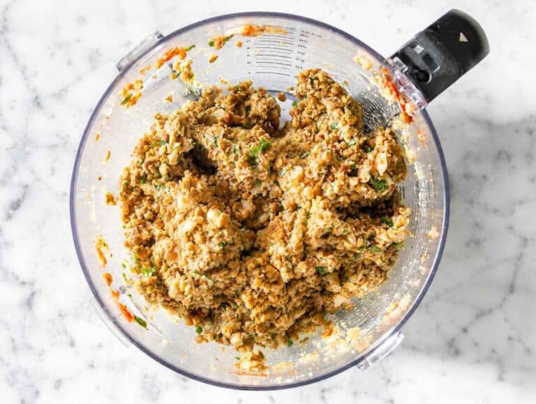 Step 1 Lentils, Parmesan, egg, breadcrumbs, and seasonings pulsed into a coarse mixture.