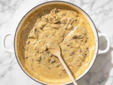 Step 3 Hummus and pasta water stirred with mushrooms into a creamy sauce.
