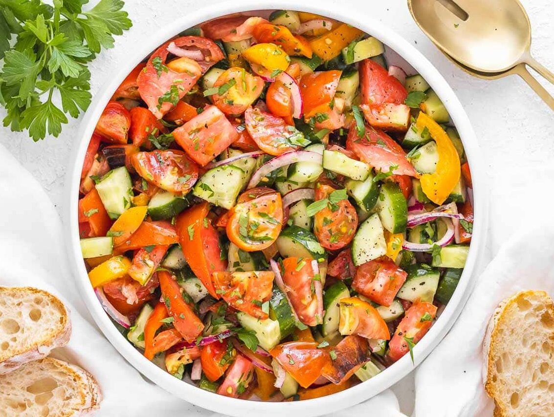 Cucumber tomato salad in a bowl