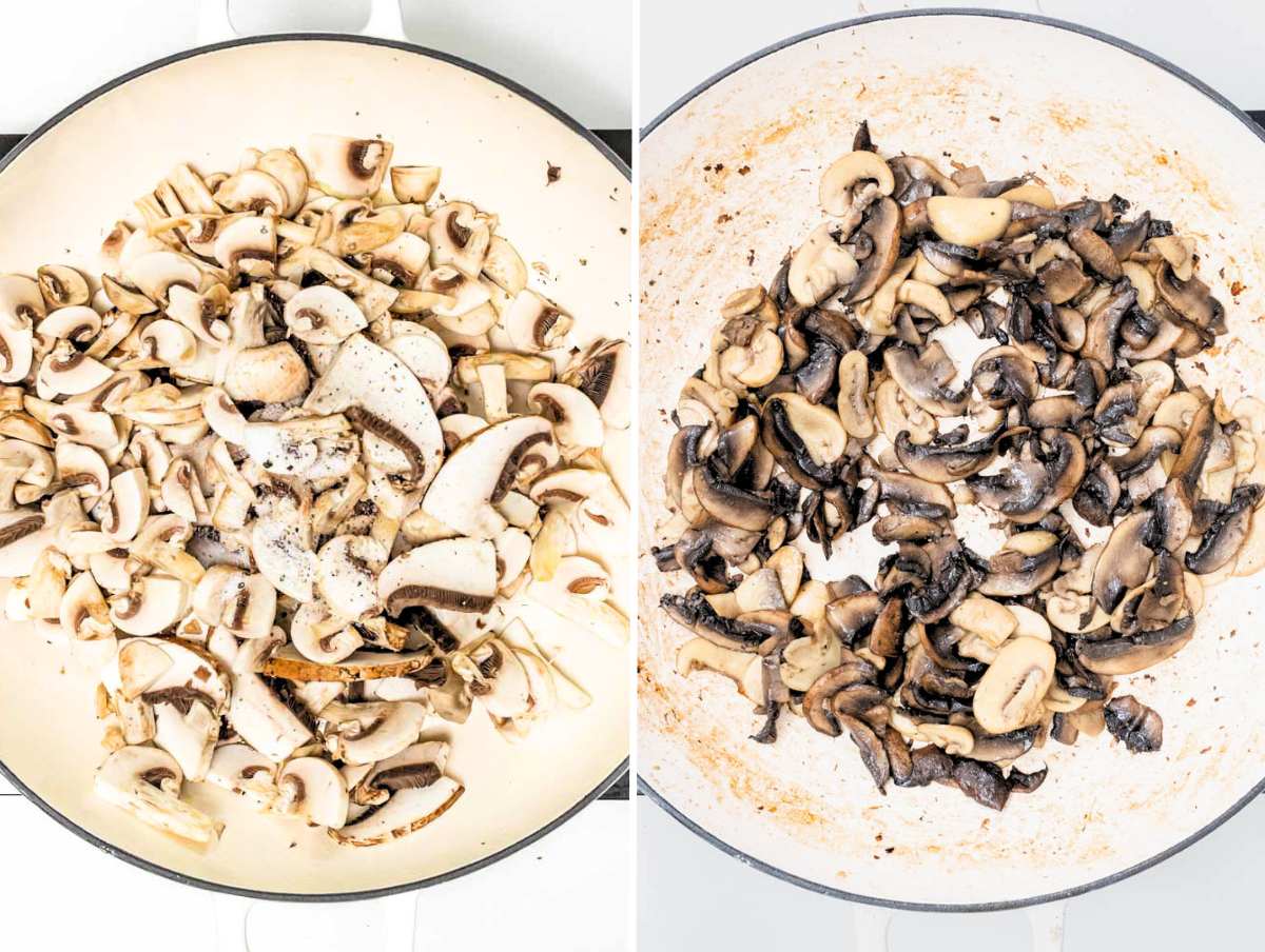 cooking the mushrooms for mushroom Alfredo.
