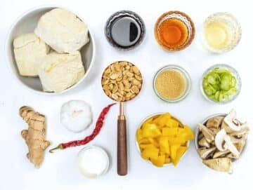 Ingredients for the stir fry prepped on a table.