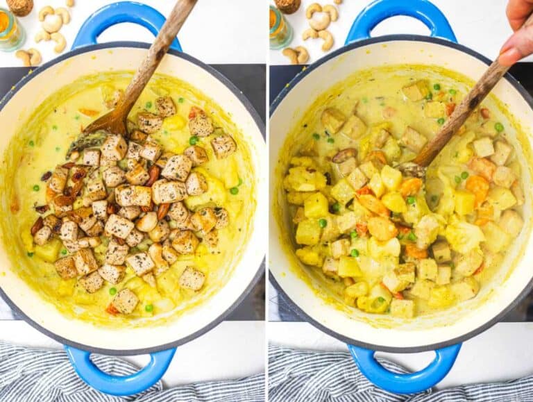 Adding tofu to Navratan korma and stirring.