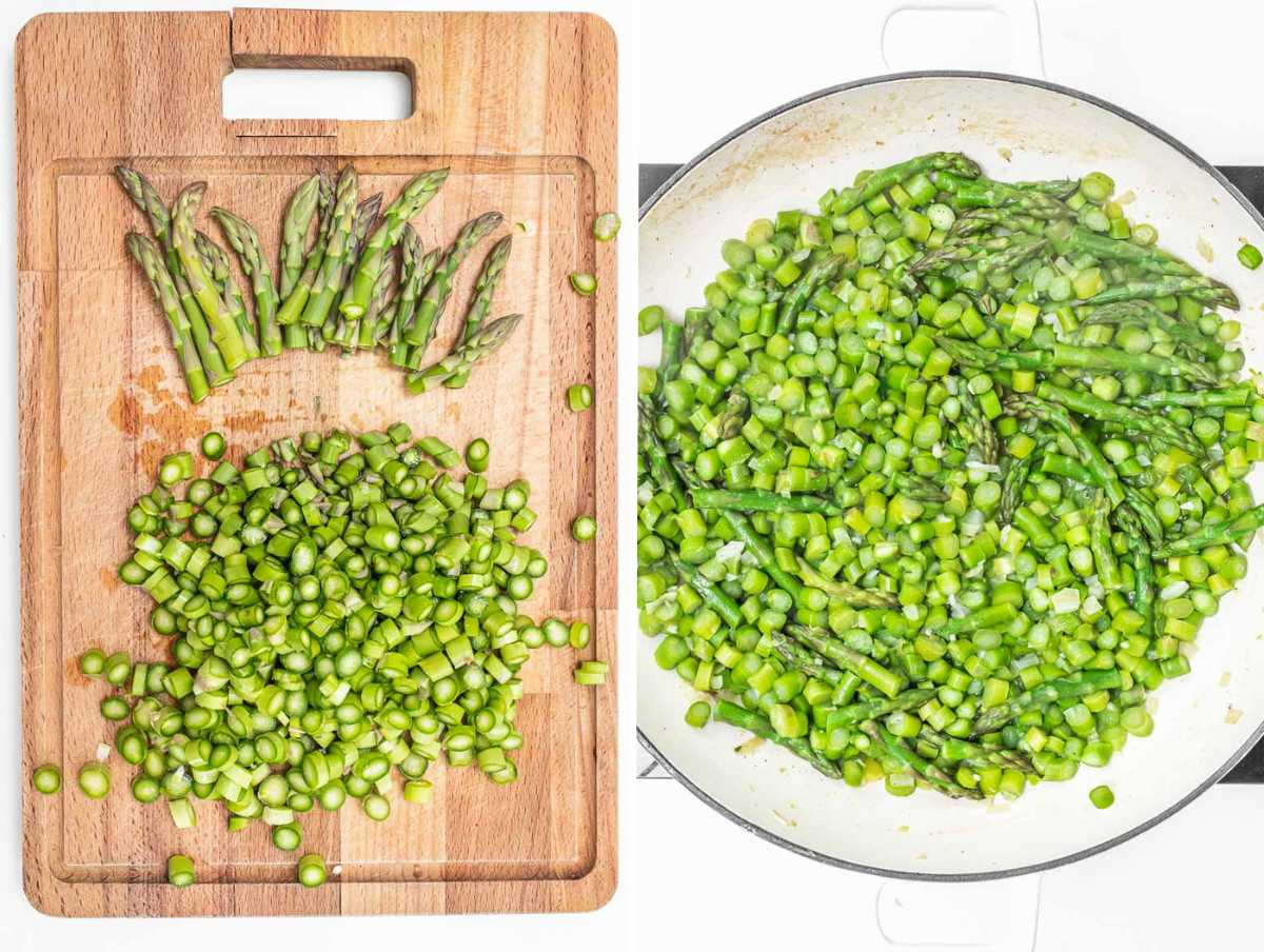 Asparagus chopped on a cutting board and sautéed on a skillet.