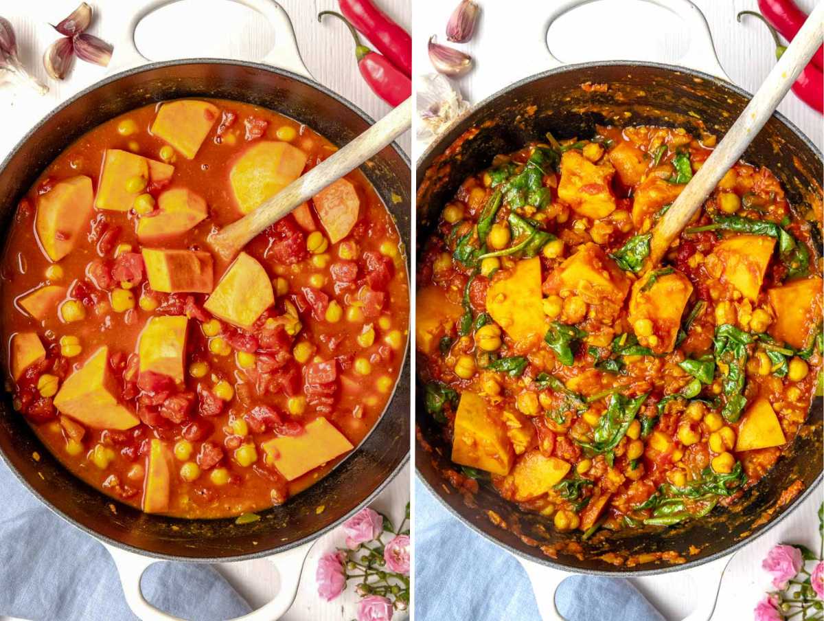 Before and after cooking the chickpea stew with sweet potato and spinach.