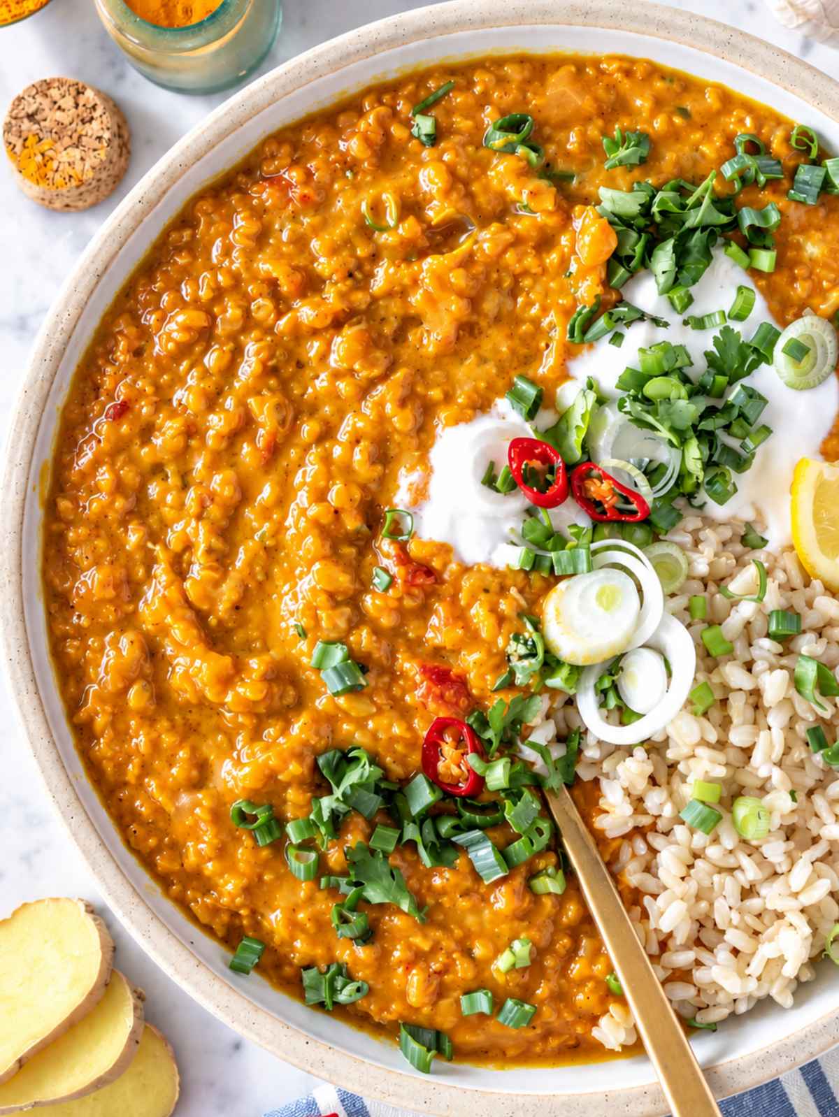 Close-up of creamy lentil curry showing tender split red lentils and richly spiced tomato sauce with a spoon.