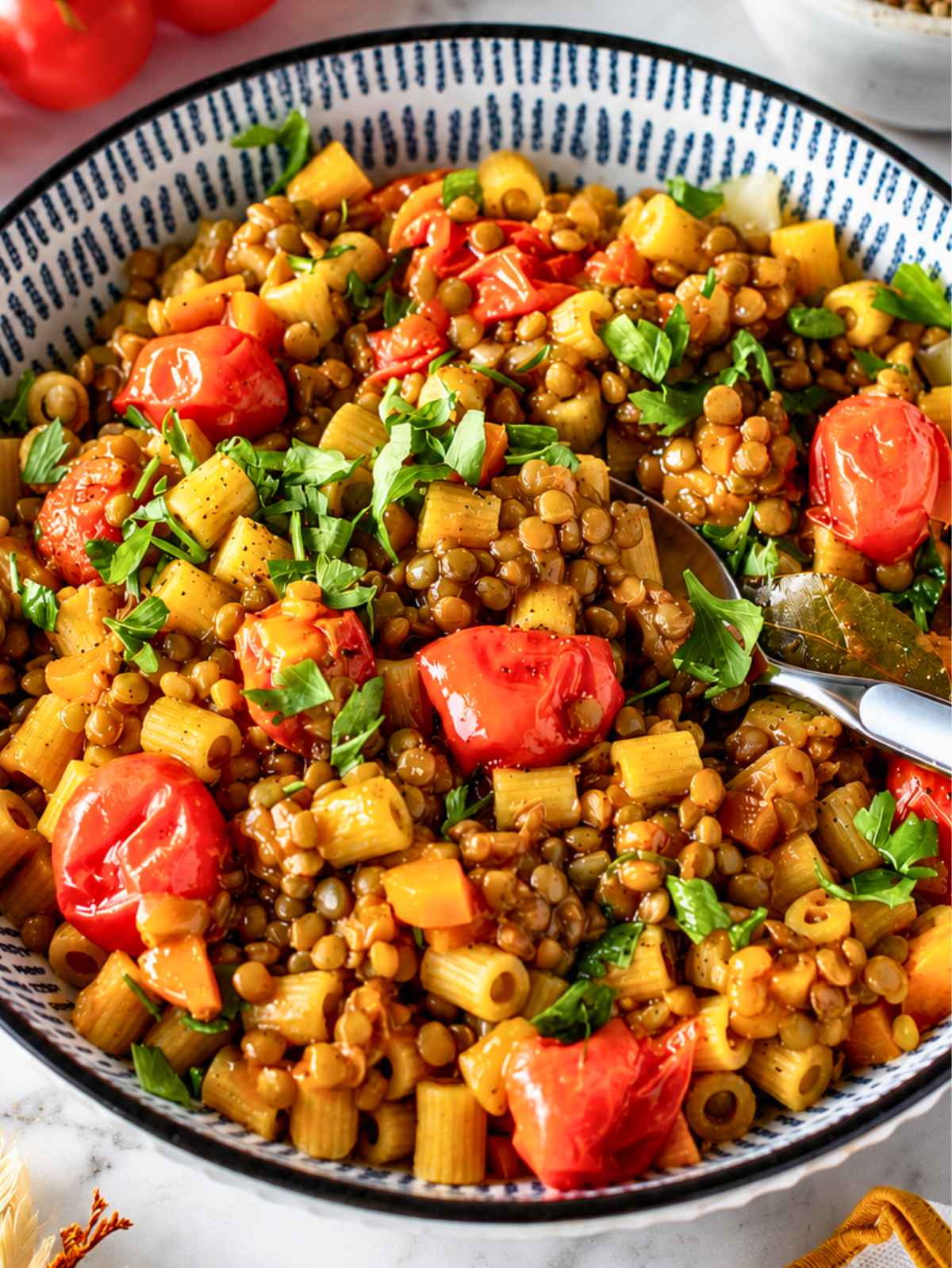 Close-up of saucy lentil pasta showing glossy lentils and tender ditalini.