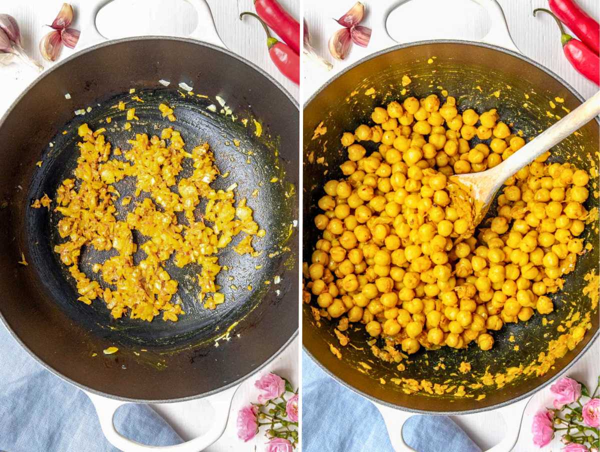 Cooking the chickpeas in the flavor base with vegetables and spices.