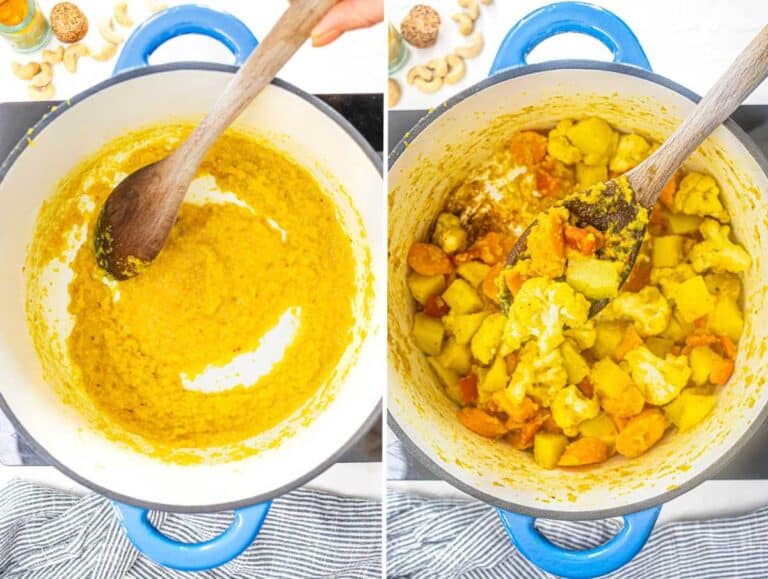 Cooking the flavor base in a pot then adding vegetables.