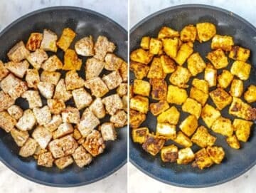 Cooking the pan fried tofu on a skillet.