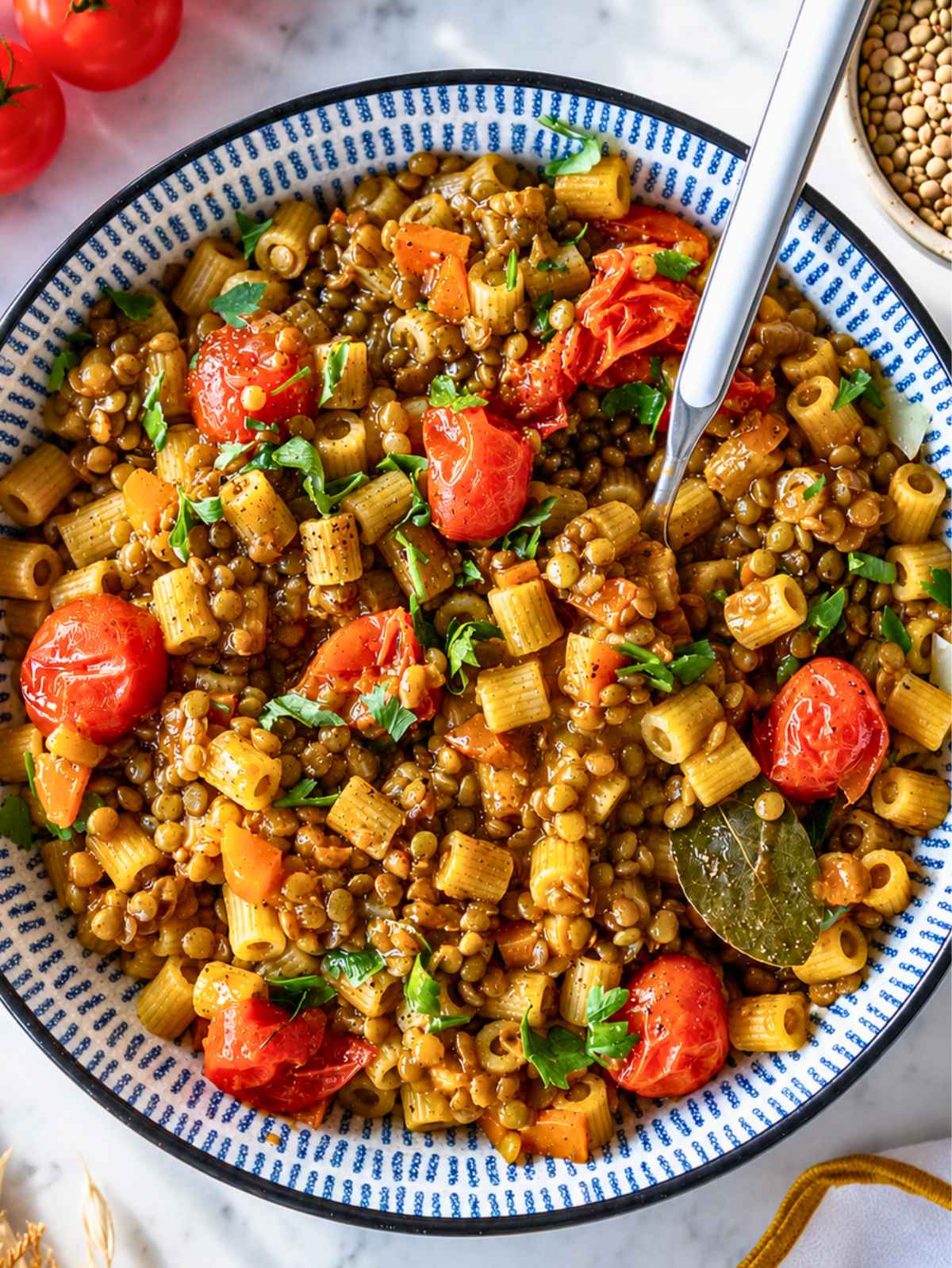 Creamy lentil pasta with ditalini, tender lentils, tomatoes, and fresh parsley.
