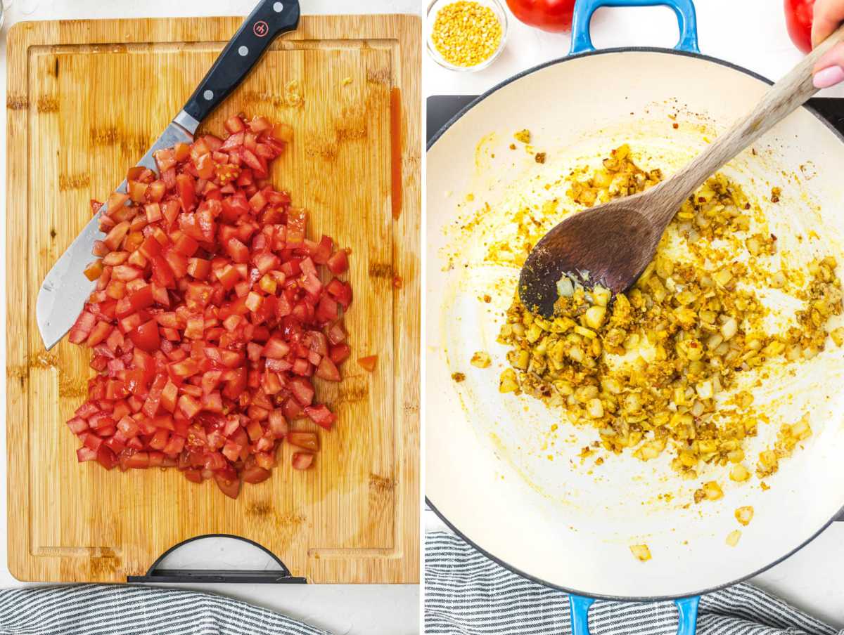 Diced tomatoes and a flavor base with onion and spices.