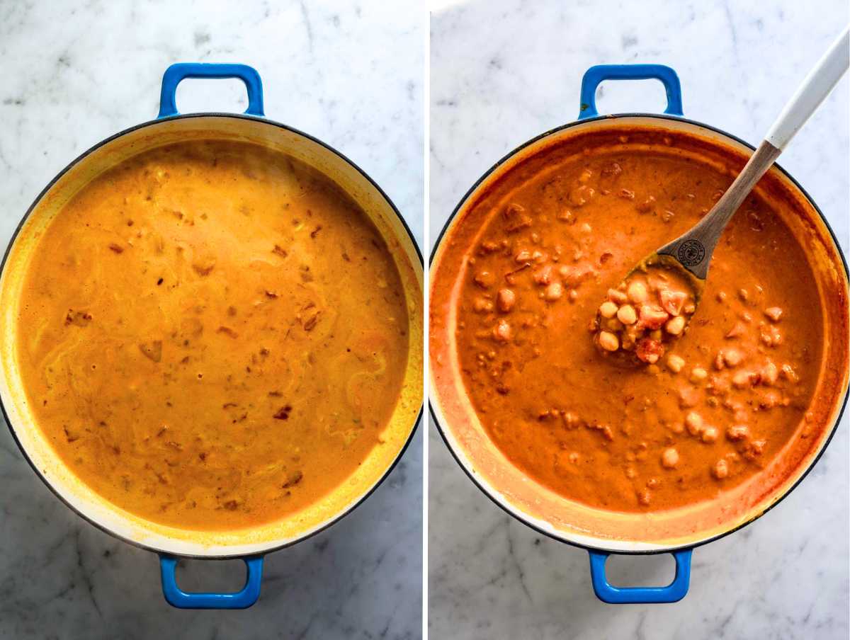 Eggplant curry before and after simmering for 20 minutes.