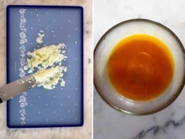 Finely chopped onion and saffron soaking in a bowl.