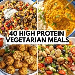 High protein vegetarian meals with salads, sheet pan dinners and one-pots.