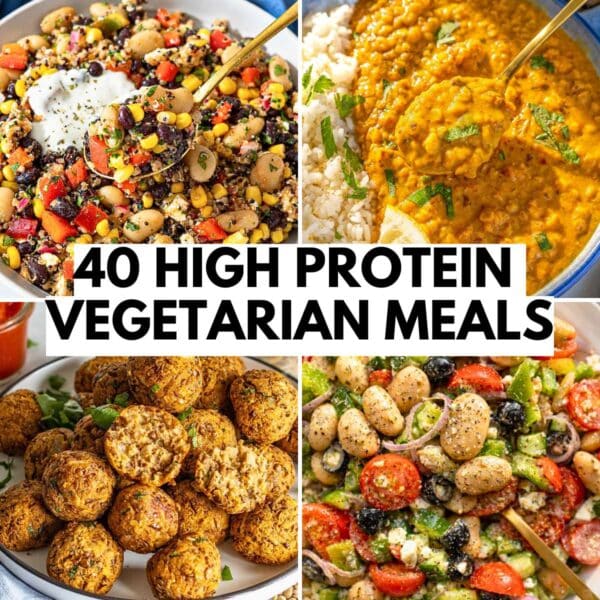 High protein vegetarian meals with salads, sheet pan dinners and one-pots.