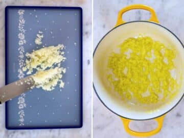 How to chop and sauté the onion for the risotto.