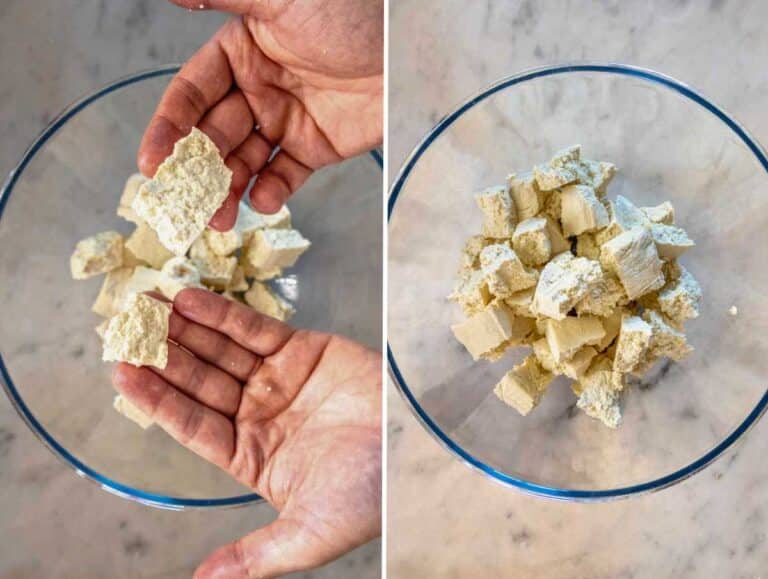 How to cut the tofu into bite-sized chunks