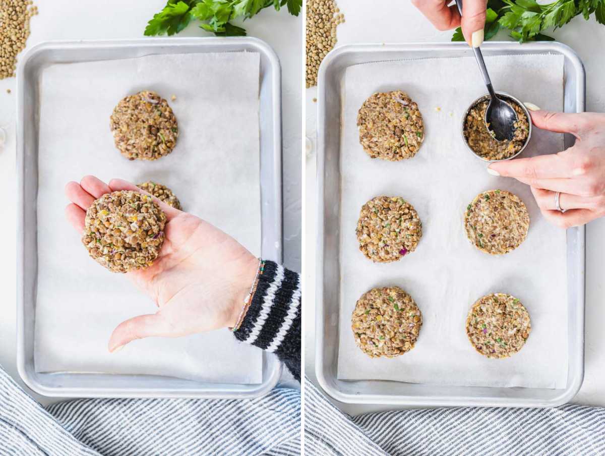 How to shape lentil fritters by hand or with a cookie cutter.