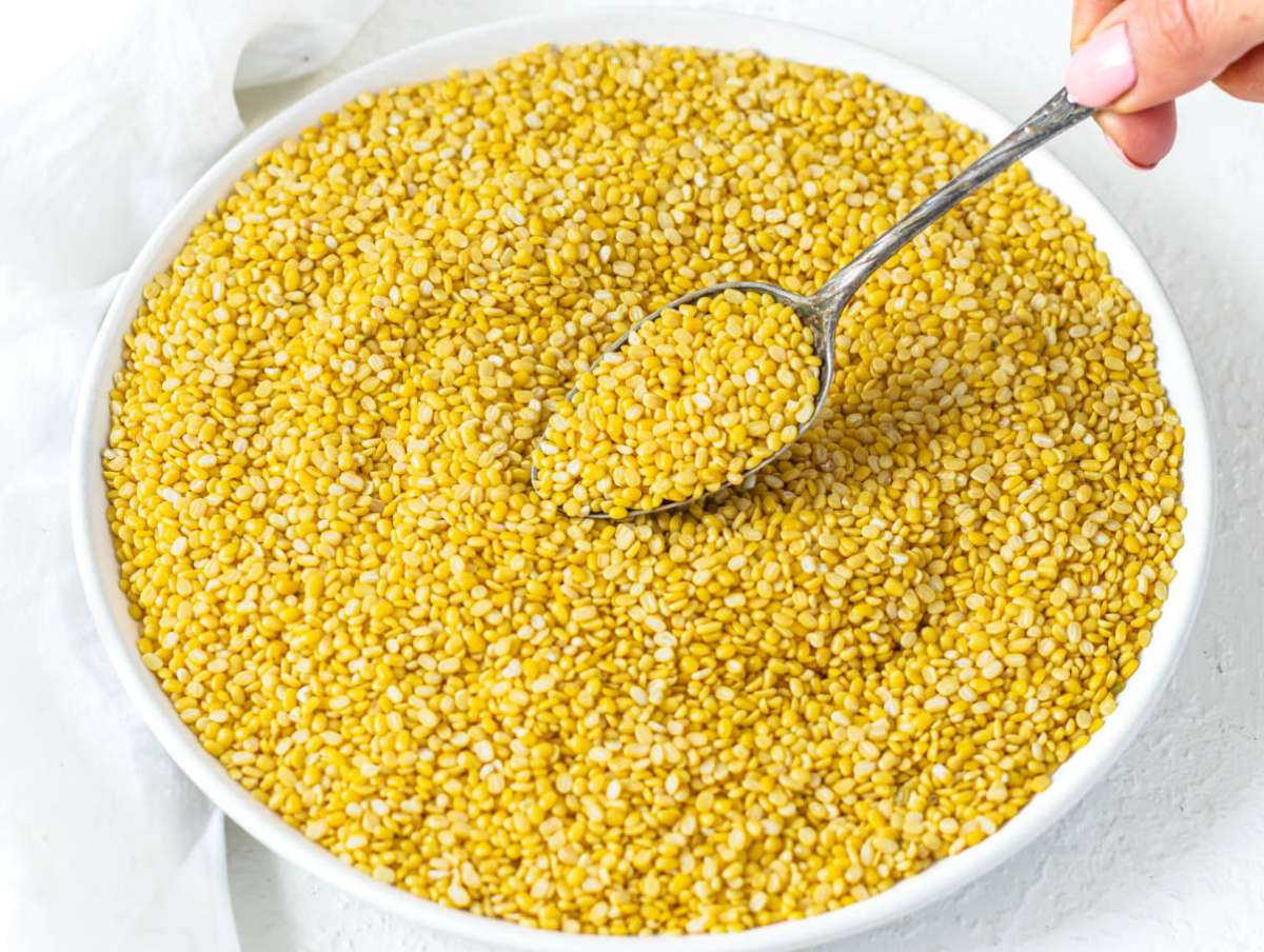 Hulled split mung beans on a plate.