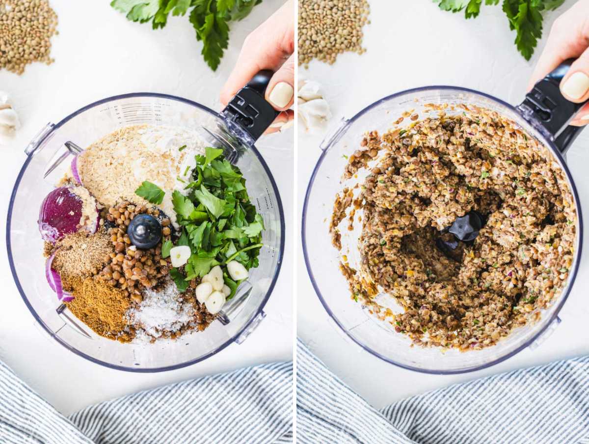 Ingredients for the lentil patties in a food processor before and after pulsing them.