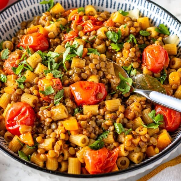 Italian lentil pasta with ditalini and lentils in a rich tomato broth.