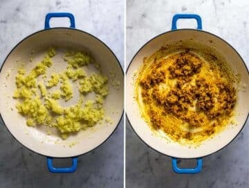 Making the flavor base with onion, garlic, ginger, and spices.